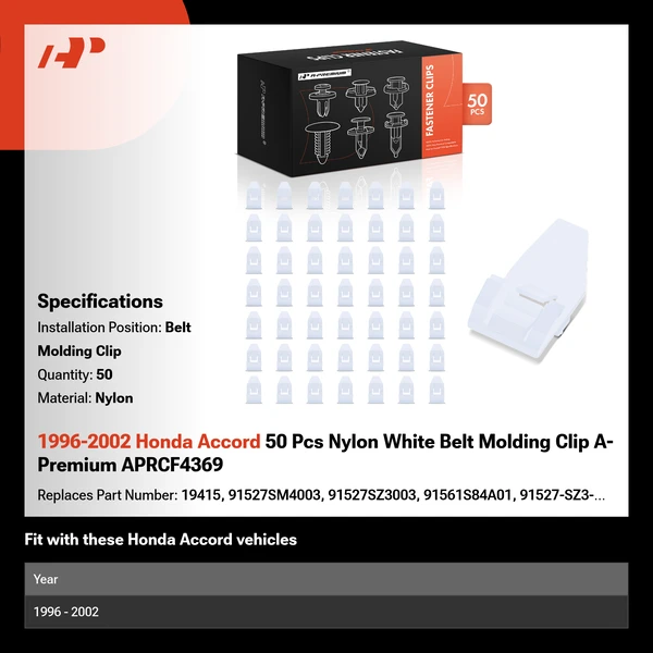 1996-2002 Honda Accord 50 Pcs Nylon White Belt Molding Clip A-Premium APRCF4369