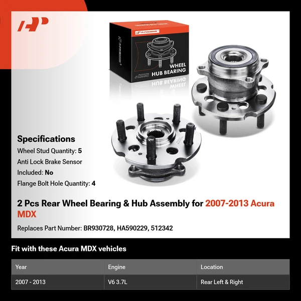 2 Pcs Rear Wheel Bearing & Hub Assembly for 2007-2013 Acura MDX