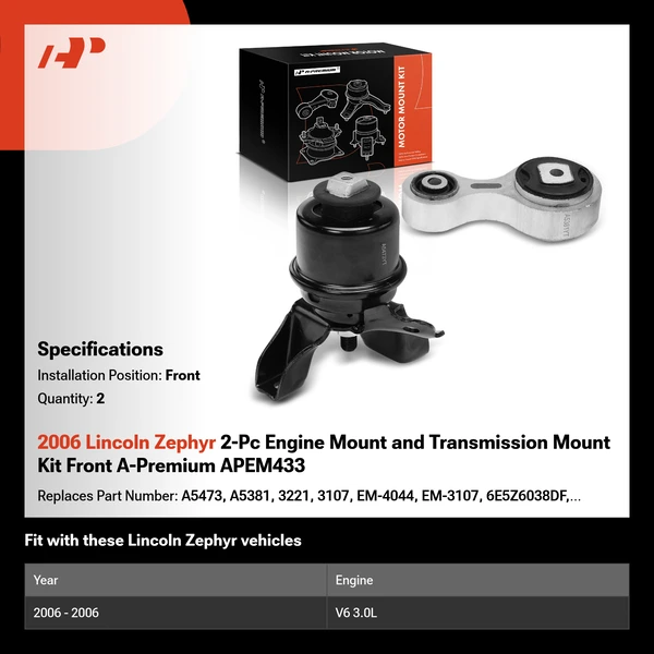 2006 Lincoln Zephyr 2-Pc Engine Mount and Transmission Mount Kit Front A-Premium APEM433