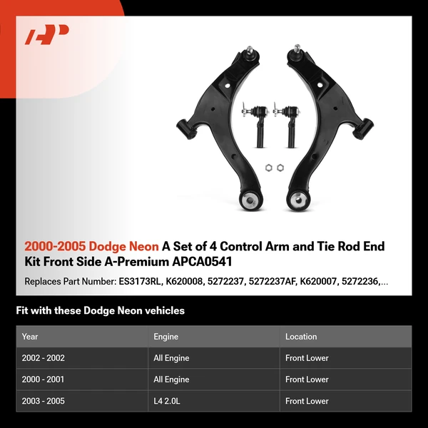 2000-2005 Dodge Neon A Set of 4 Control Arm and Tie Rod End Kit Front Side A-Premium APCA0541