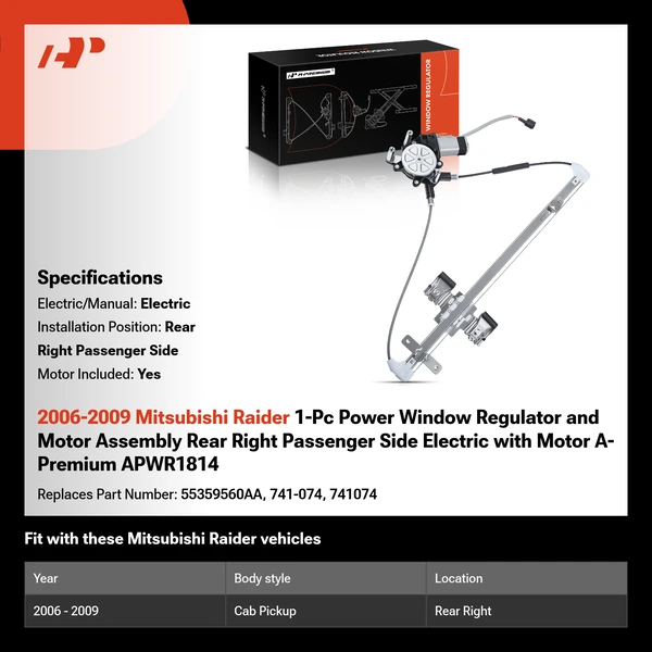 2006-2009 Mitsubishi Raider 1-Pc Power Window Regulator and Motor Assembly Rear Right Passenger Side Electric with Motor A-Premium APWR1814