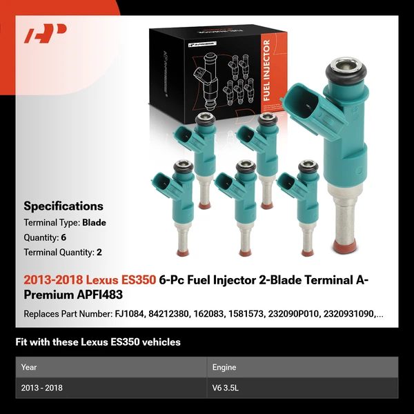 2013-2018 Lexus ES350 6-Pc Fuel Injector 2-Blade Terminal A-Premium APFI483