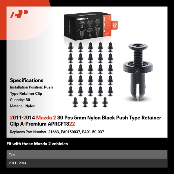 2011-2014 Mazda 2 30 Pcs 5mm Nylon Black Push Type Retainer Clip A-Premium APRCF1322