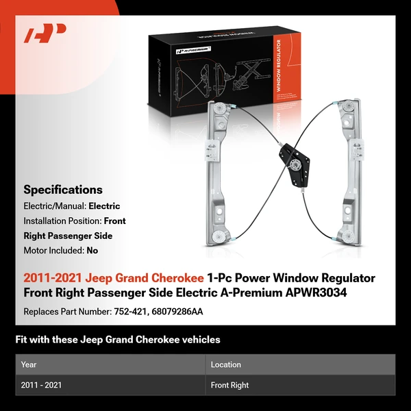2011-2021 Jeep Grand Cherokee 1-Pc Power Window Regulator Front Right Passenger Side Electric A-Premium APWR3034