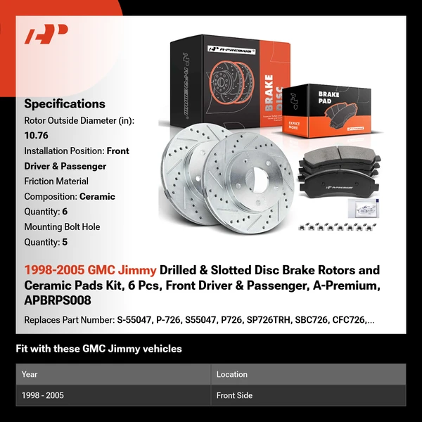 1998-2005 GMC Jimmy Drilled & Slotted Disc Brake Rotors and Ceramic Pads Kit, 6 Pcs, Front Driver & Passenger, A-Premium, APBRPS008