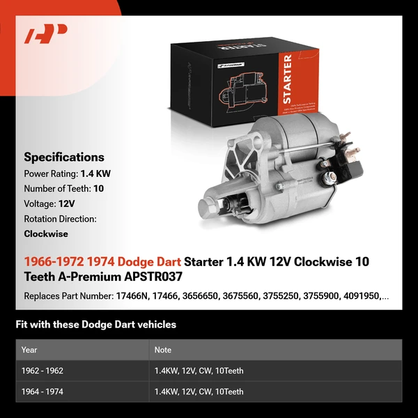 1966-1972 1974 Dodge Dart Starter 1.4 KW 12V Clockwise 10 Teeth A-Premium APSTR037