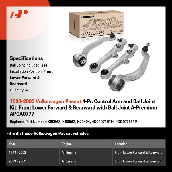 1998-2003 Volkswagen Passat 4-Pc Control Arm and Ball Joint Kit, Front Lower Forward & Rearward with Ball Joint A-Premium APCA0777