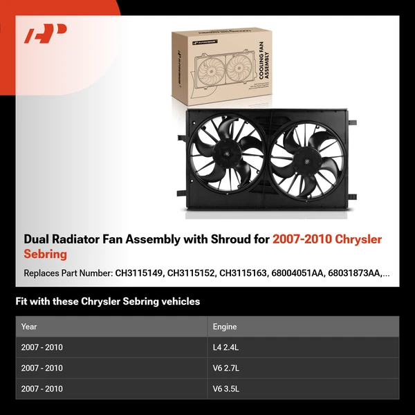 Dual Radiator Fan Assembly with Shroud for 2007-2010 Chrysler Sebring