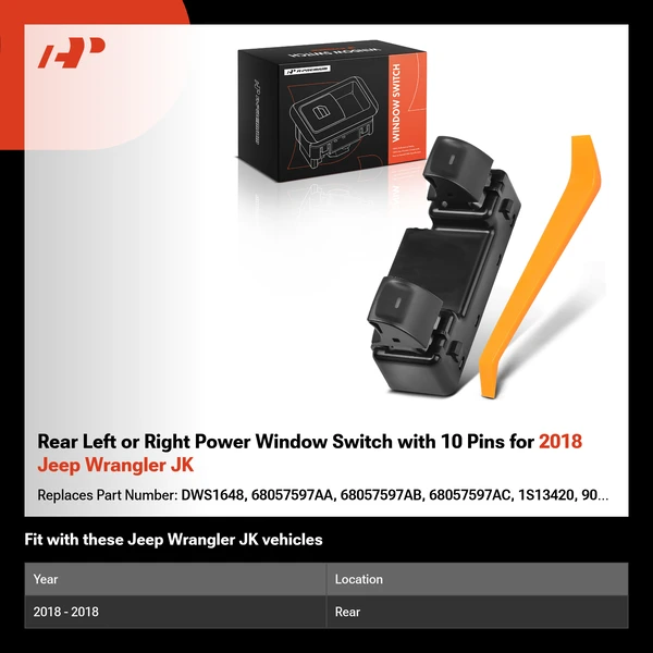 Rear Left or Right Power Window Switch with 10 Pins for 2018 Jeep Wrangler JK