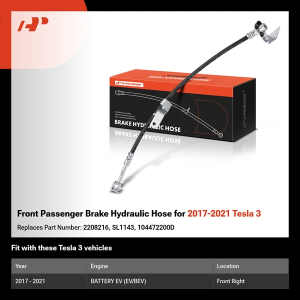 Front Passenger Brake Hydraulic Hose for 2017-2021 Tesla 3