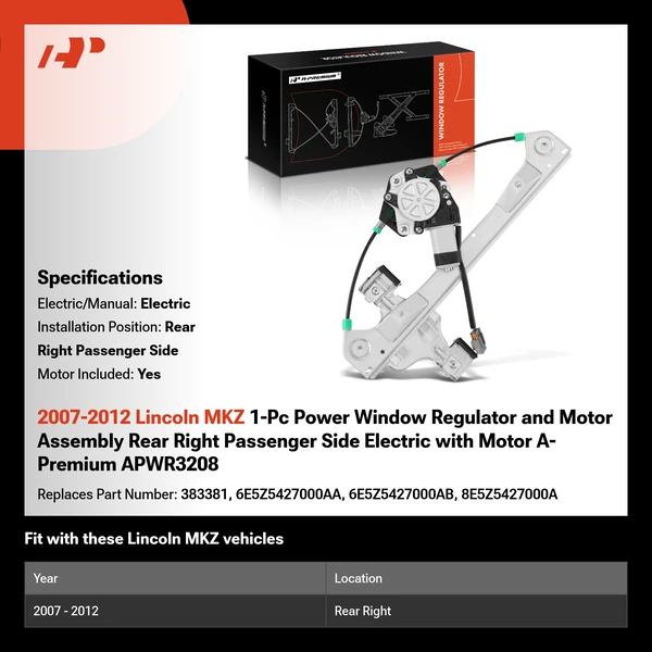 2007-2012 Lincoln MKZ 1-Pc Power Window Regulator and Motor Assembly Rear Right Passenger Side Electric with Motor A-Premium APWR3208