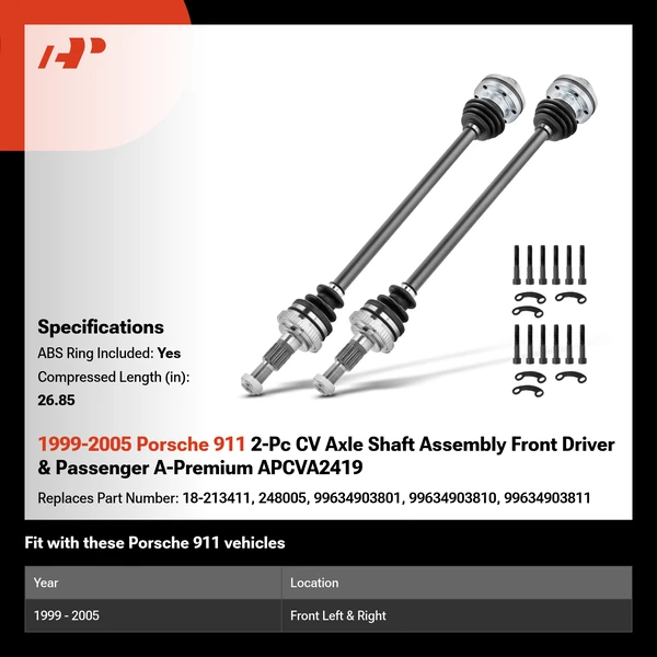 1999-2005 Porsche 911 2-Pc CV Axle Shaft Assembly Front Driver & Passenger A-Premium APCVA2419
