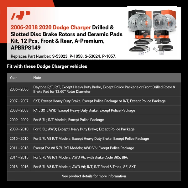 2006-2018 2020 Dodge Charger Drilled & Slotted Disc Brake Rotors and Ceramic Pads Kit, 12 Pcs, Front & Rear, A-Premium, APBRPS149