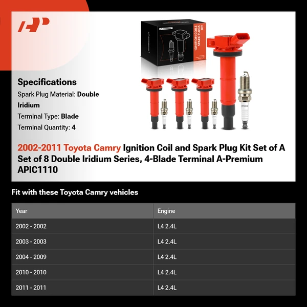 2002-2011 Toyota Camry Ignition Coil and Spark Plug Kit Set of A Set of 8 Double Iridium Series, 4-Blade Terminal A-Premium APIC1110