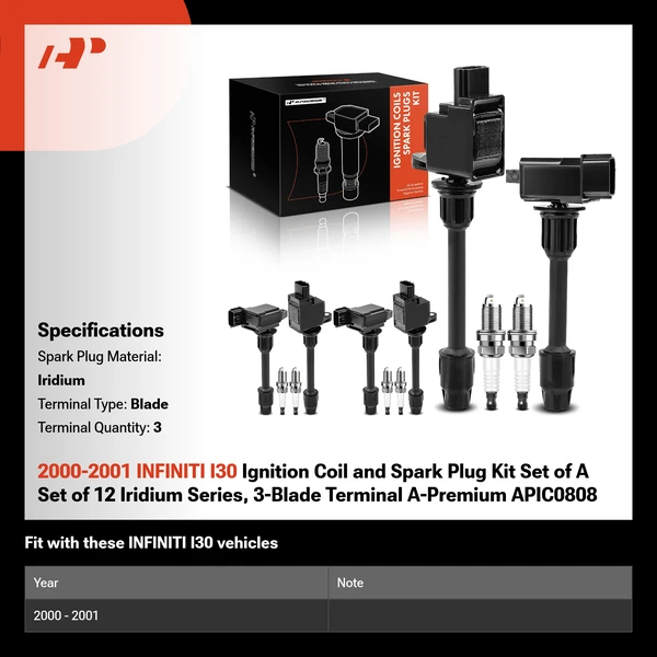 2000-2001 INFINITI I30 Ignition Coil and Spark Plug Kit Set of A Set of 12 Iridium Series, 3-Blade Terminal A-Premium APIC0808