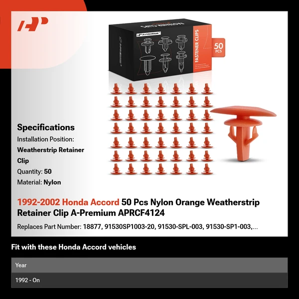 1992-2002 Honda Accord 50 Pcs Nylon Orange Weatherstrip Retainer Clip A-Premium APRCF4124
