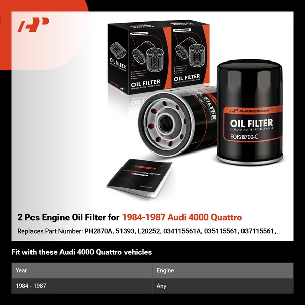 2 Pcs Engine Oil Filter for 1984-1987 Audi 4000 Quattro
