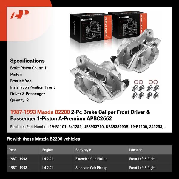 1987-1993 Mazda B2200 2-Pc Brake Caliper Front Driver & Passenger 1-Piston A-Premium APBC2662