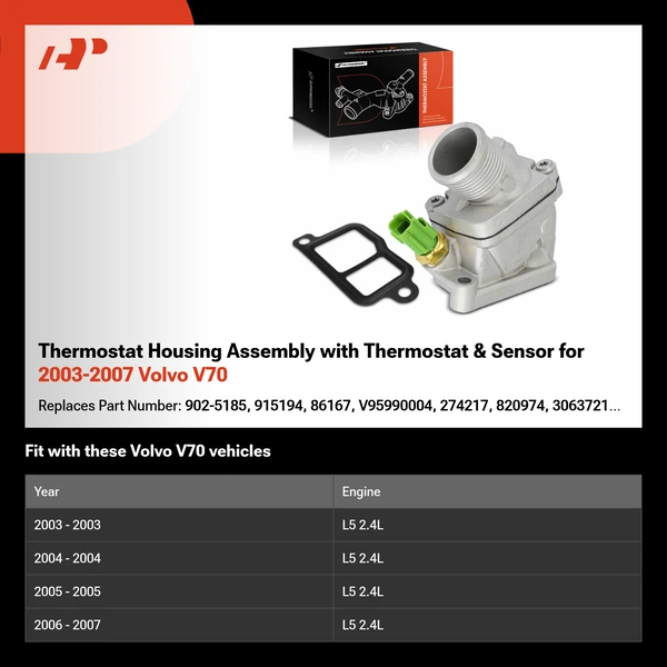 Thermostat Housing Assembly with Thermostat & Sensor for 2003-2007 Volvo V70