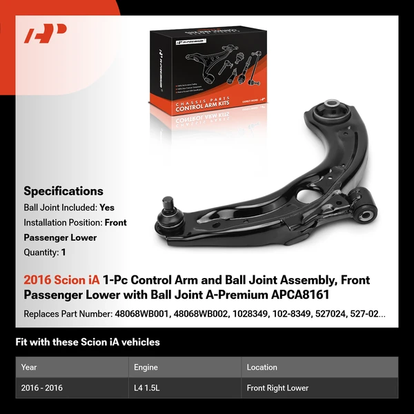 2016 Scion iA 1-Pc Control Arm and Ball Joint Assembly, Front Passenger Lower with Ball Joint A-Premium APCA8161