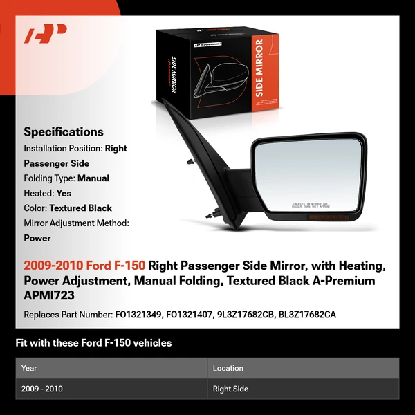 2009-2010 Ford F-150 Right Passenger Side Mirror, with Heating, Power Adjustment, Manual Folding, Textured Black A-Premium APMI723
