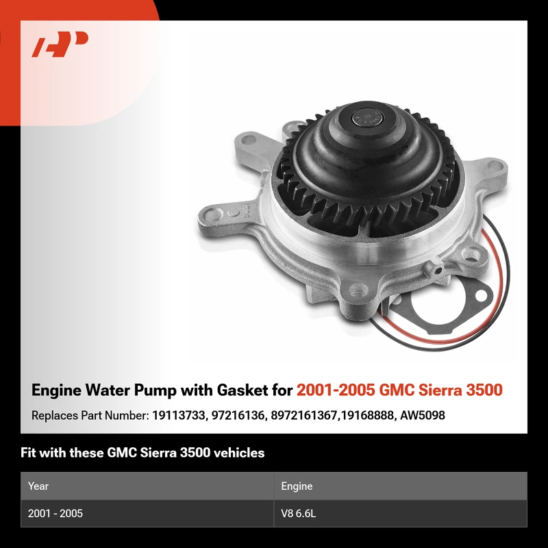 Engine Water Pump with Gasket for 2001-2005 GMC Sierra 3500