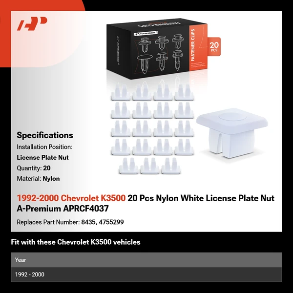 1992-2000 Chevrolet K3500 20 Pcs Nylon White License Plate Nut A-Premium APRCF4037