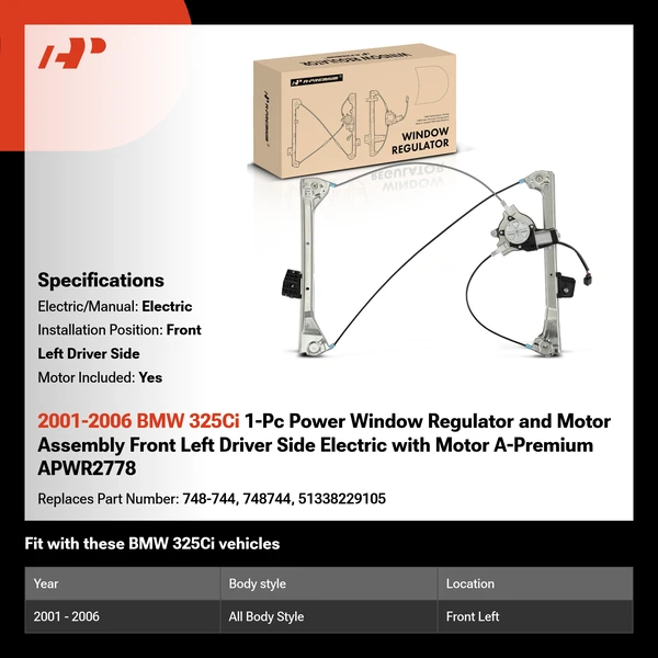 2001-2006 BMW 325Ci 1-Pc Power Window Regulator and Motor Assembly Front Left Driver Side Electric with Motor A-Premium APWR2778
