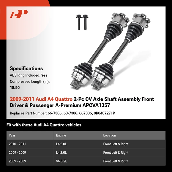 2009-2011 Audi A4 Quattro 2-Pc CV Axle Shaft Assembly Front Driver & Passenger A-Premium APCVA1357