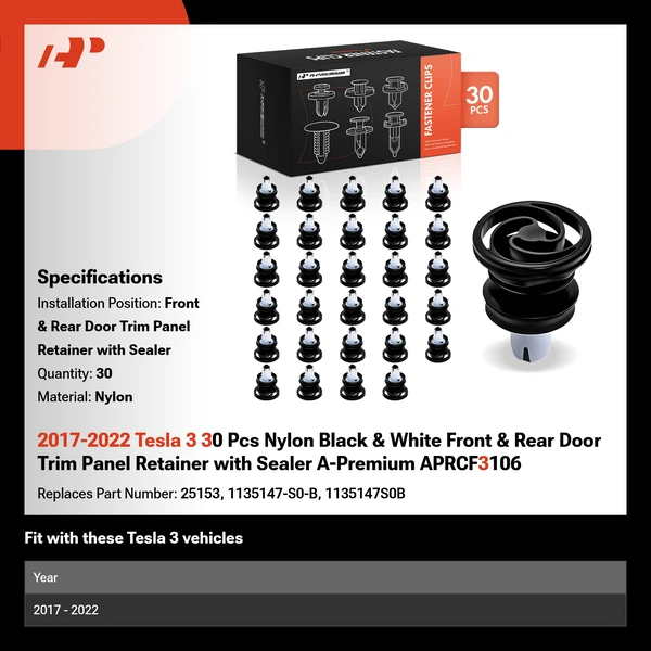 2017-2022 Tesla 3 30 Pcs Nylon Black & White Front & Rear Door Trim Panel Retainer with Sealer A-Premium APRCF3106