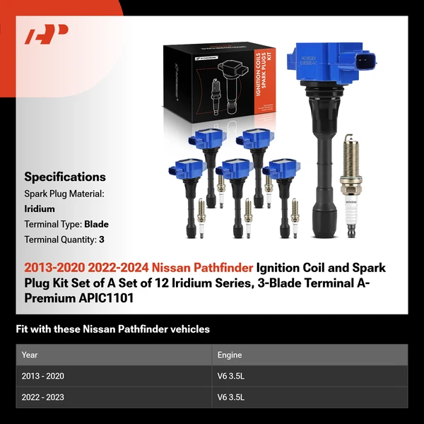 2013-2020 2022-2024 Nissan Pathfinder Ignition Coil and Spark Plug Kit Set of A Set of 12 Iridium Series, 3-Blade Terminal A-Premium APIC1101