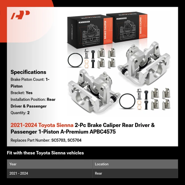 2021-2024 Toyota Sienna 2-Pc Brake Caliper Rear Driver & Passenger 1-Piston A-Premium APBC4575