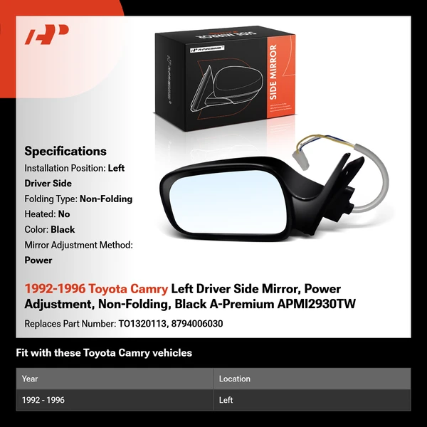1992-1996 Toyota Camry Left Driver Side Mirror, Power Adjustment, Non-Folding, Black A-Premium APMI2930TW