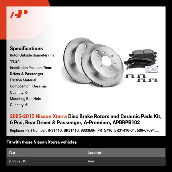 2005-2015 Nissan Xterra Disc Brake Rotors and Ceramic Pads Kit, 6 Pcs, Rear Driver & Passenger, A-Premium, APBRPR102