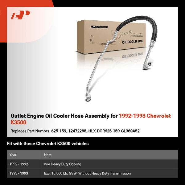 Outlet Engine Oil Cooler Hose Assembly for 1992-1993 Chevrolet K3500
