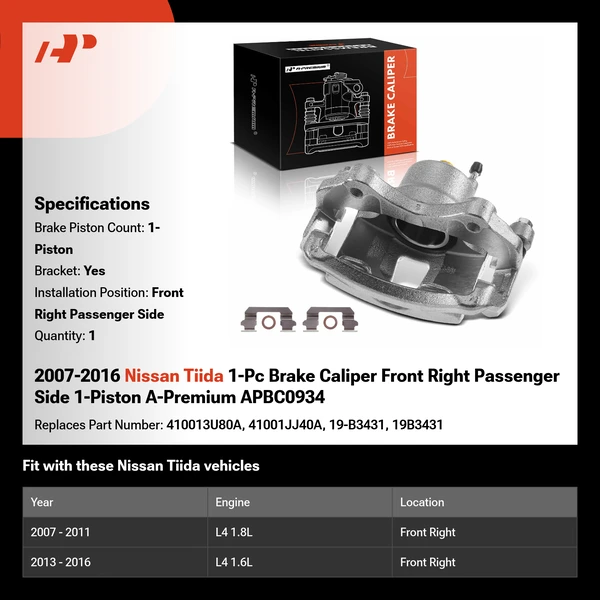 2007-2016 Nissan Tiida 1-Pc Brake Caliper Front Right Passenger Side 1-Piston A-Premium APBC0934