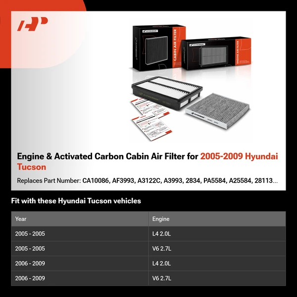 Engine & Activated Carbon Cabin Air Filter for 2005-2009 Hyundai Tucson