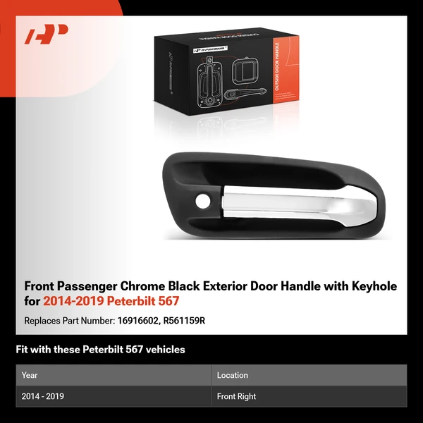 Front Passenger Chrome Black Exterior Door Handle with Keyhole for 2014-2019 Peterbilt 567