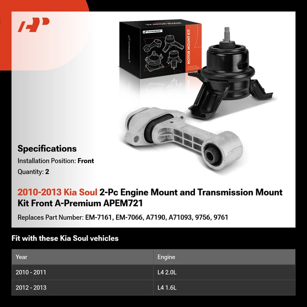 2010-2013 Kia Soul 2-Pc Engine Mount and Transmission Mount Kit Front A-Premium APEM721