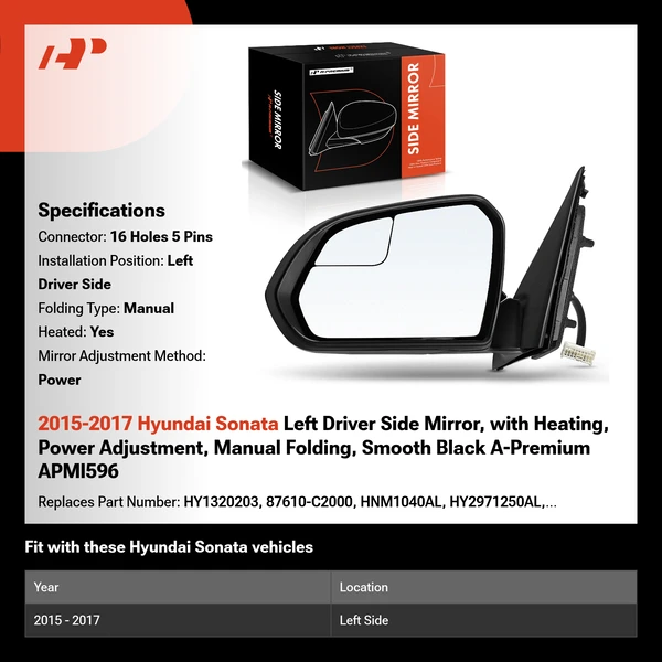 2015-2017 Hyundai Sonata Left Driver Side Mirror, with Heating, Power Adjustment, Manual Folding, Smooth Black A-Premium APMI596