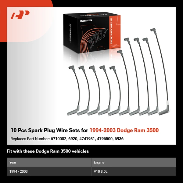10 Pcs Spark Plug Wire Sets for 1994-2003 Dodge Ram 3500