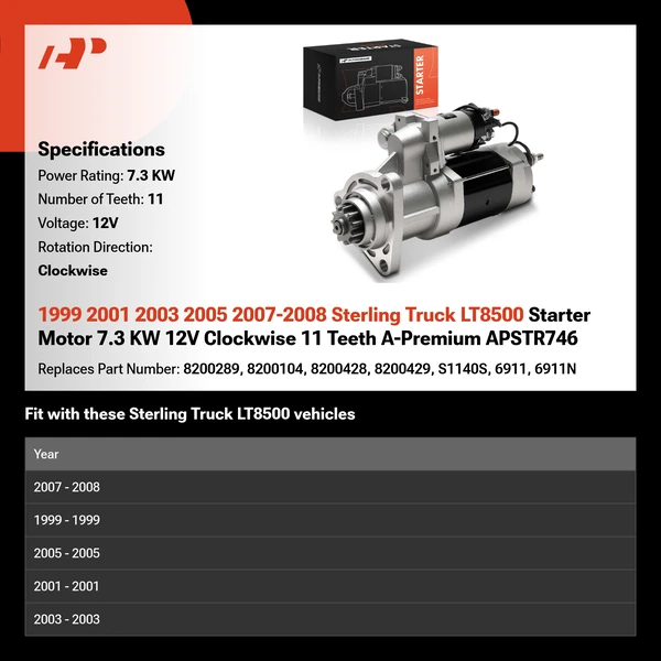 1999 2001 2003 2005 2007-2008 Sterling Truck LT8500 Starter Motor 7.3 KW 12V Clockwise 11 Teeth A-Premium APSTR746