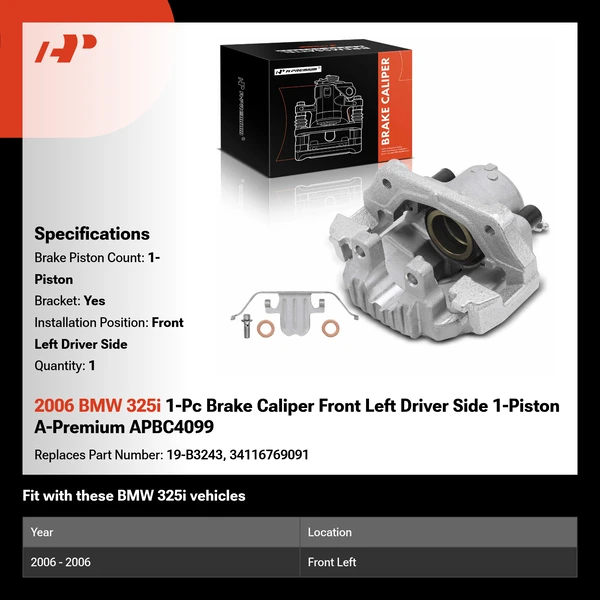 2006 BMW 325i 1-Pc Brake Caliper Front Left Driver Side 1-Piston A-Premium APBC4099