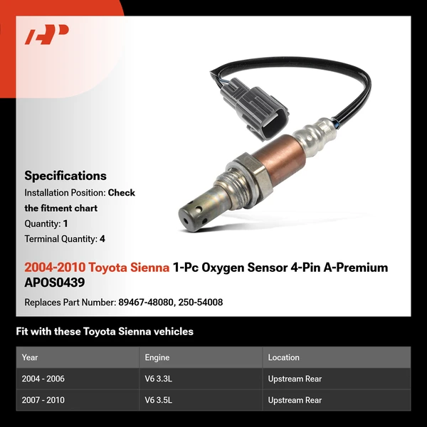 2004-2010 Toyota Sienna 1-Pc Oxygen Sensor 4-Pin A-Premium APOS0439