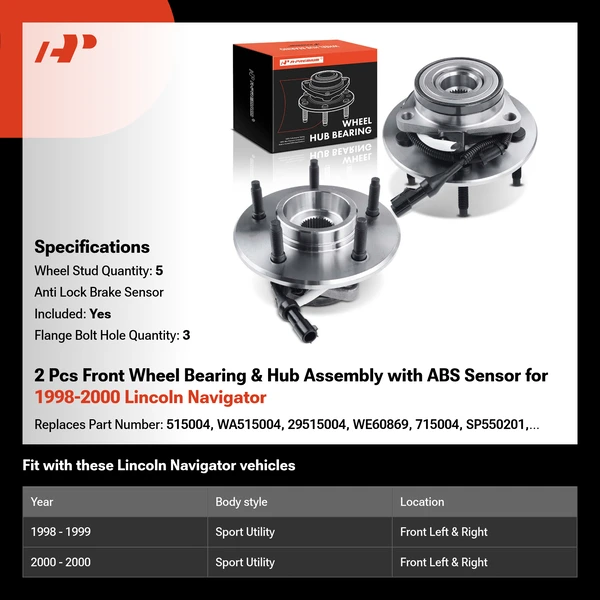 2 Pcs Front Wheel Bearing & Hub Assembly with ABS Sensor for 1998-2000 Lincoln Navigator