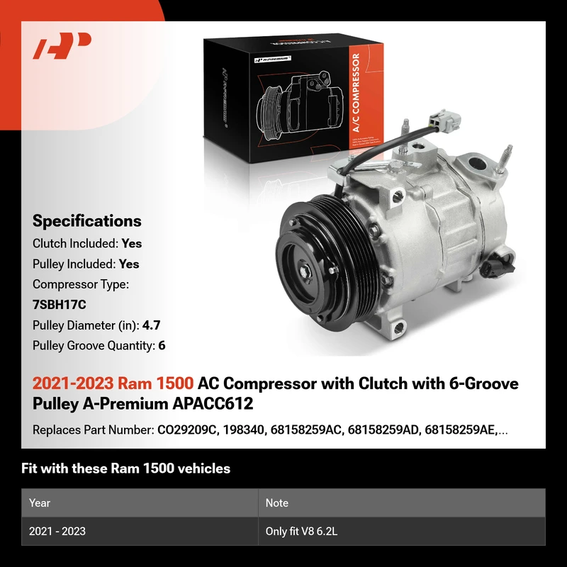 2021-2023 Ram 1500 AC Compressor with Clutch with 6-Groove Pulley A-Premium APACC612