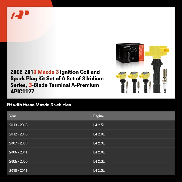 2006-2013 Mazda 3 Ignition Coil and Spark Plug Kit Set of A Set of 8 Iridium Series, 3-Blade Terminal A-Premium APIC1127