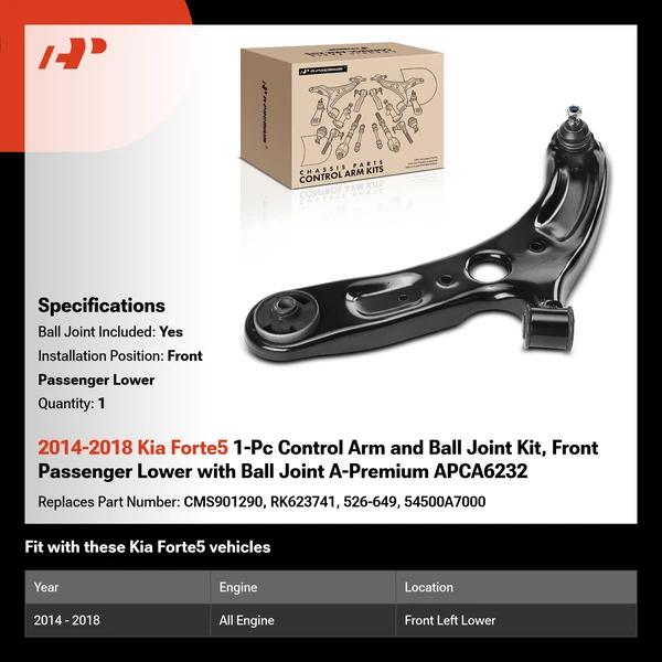 2014-2018 Kia Forte5 1-Pc Control Arm and Ball Joint Kit, Front Passenger Lower with Ball Joint A-Premium APCA6232