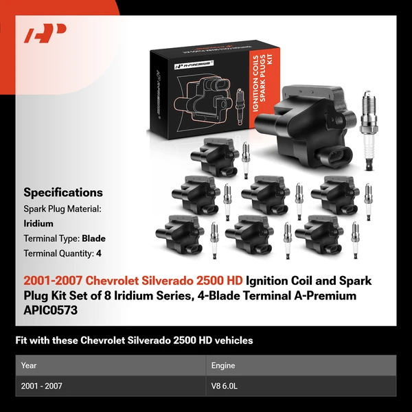2001-2007 Chevrolet Silverado 2500 HD Ignition Coil and Spark Plug Kit Set of 8 Iridium Series, 4-Blade Terminal A-Premium APIC0573