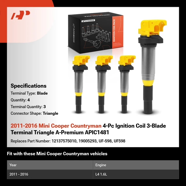 2011-2016 Mini Cooper Countryman 4-Pc Ignition Coil 3-Blade Terminal Triangle A-Premium APIC1481